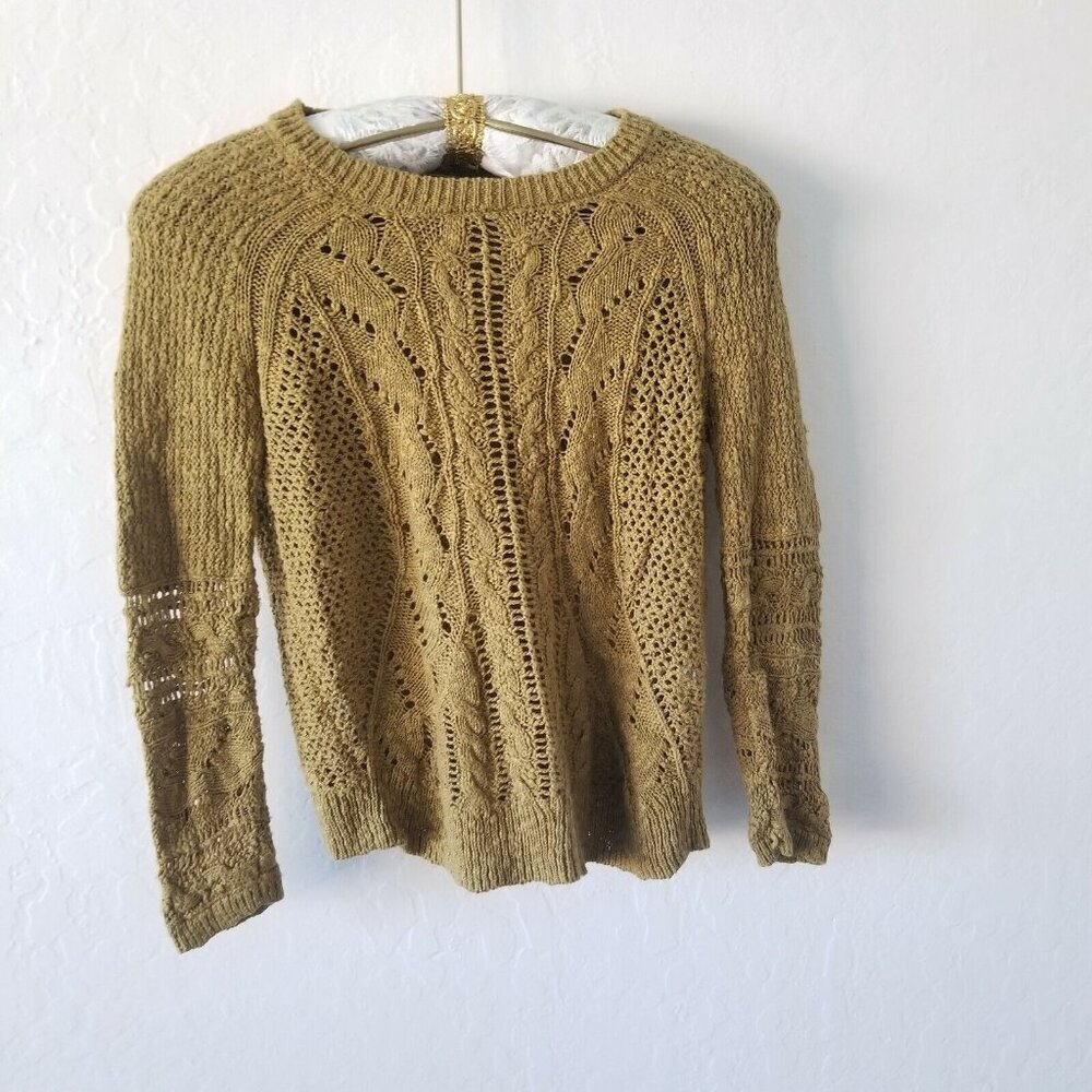 Lucky Brand Womens Small Cable Knit Sweater Pullover Brown Cotton Round Neck